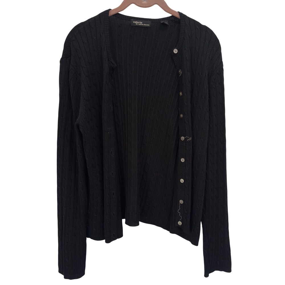 Valerie Stevens Silk Rayon Cardigan Black Rib Knit Shell Buttons Old Money L